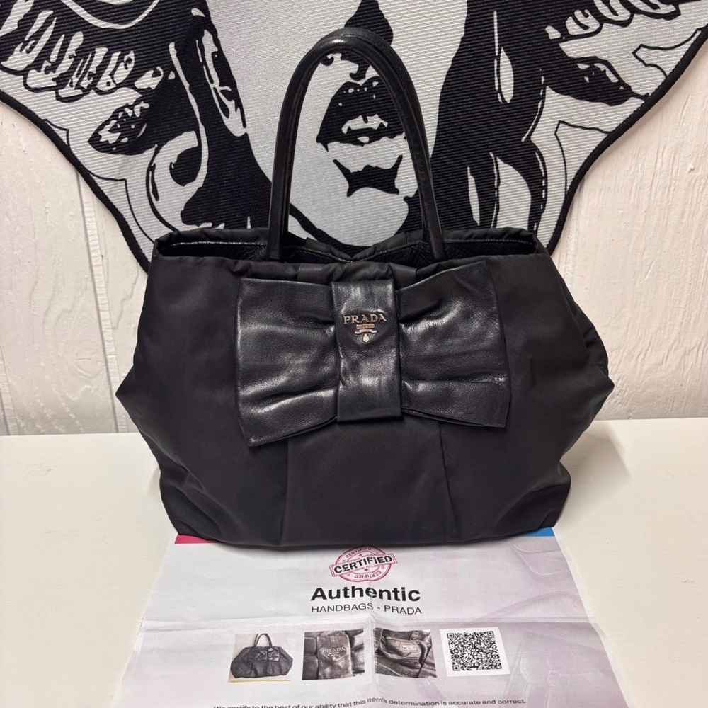 Prada Black Tote with Leather Bow comes with COA - Picture 2 of 10